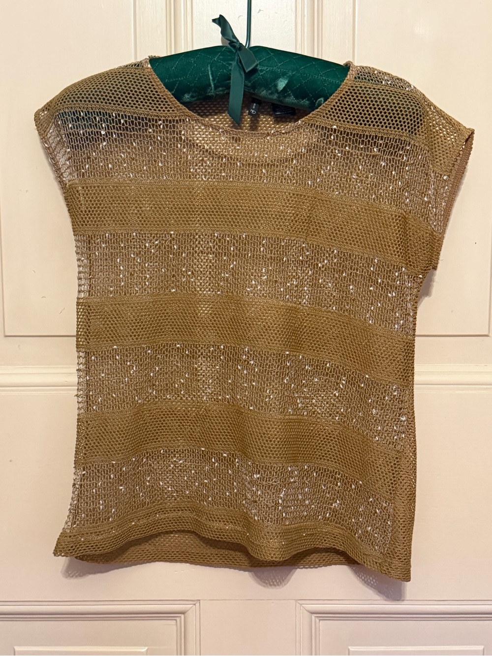 New Directions Petite Medium Metallic Gold Sequin Open Knit Mesh Top